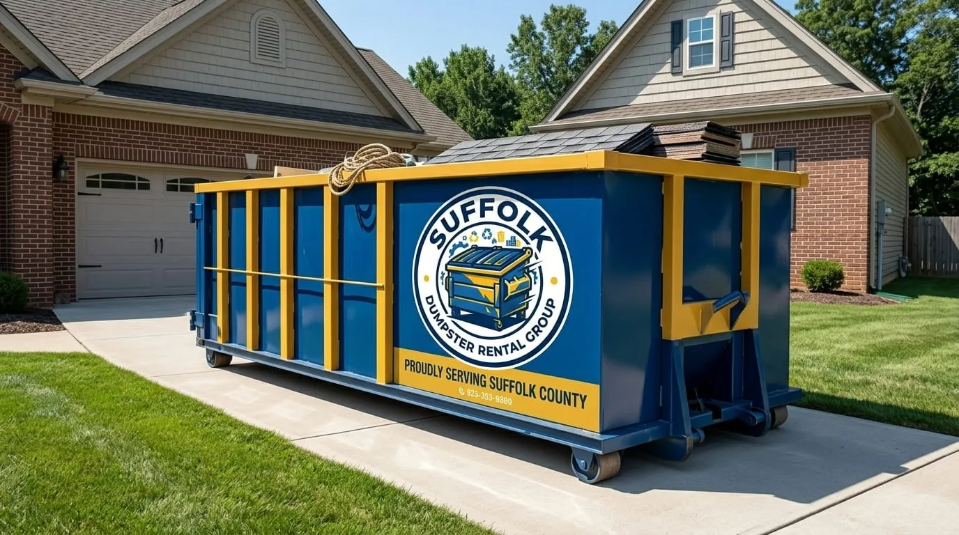 Worker beside a commercial roll-off dumpster from Suffolk Dumpster Rental Group in Suffolk, VA