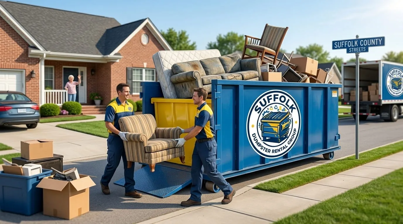 Junk removal in Suffolk, VA Workers loading furniture and junk into a dumpster in Suffolk, VA