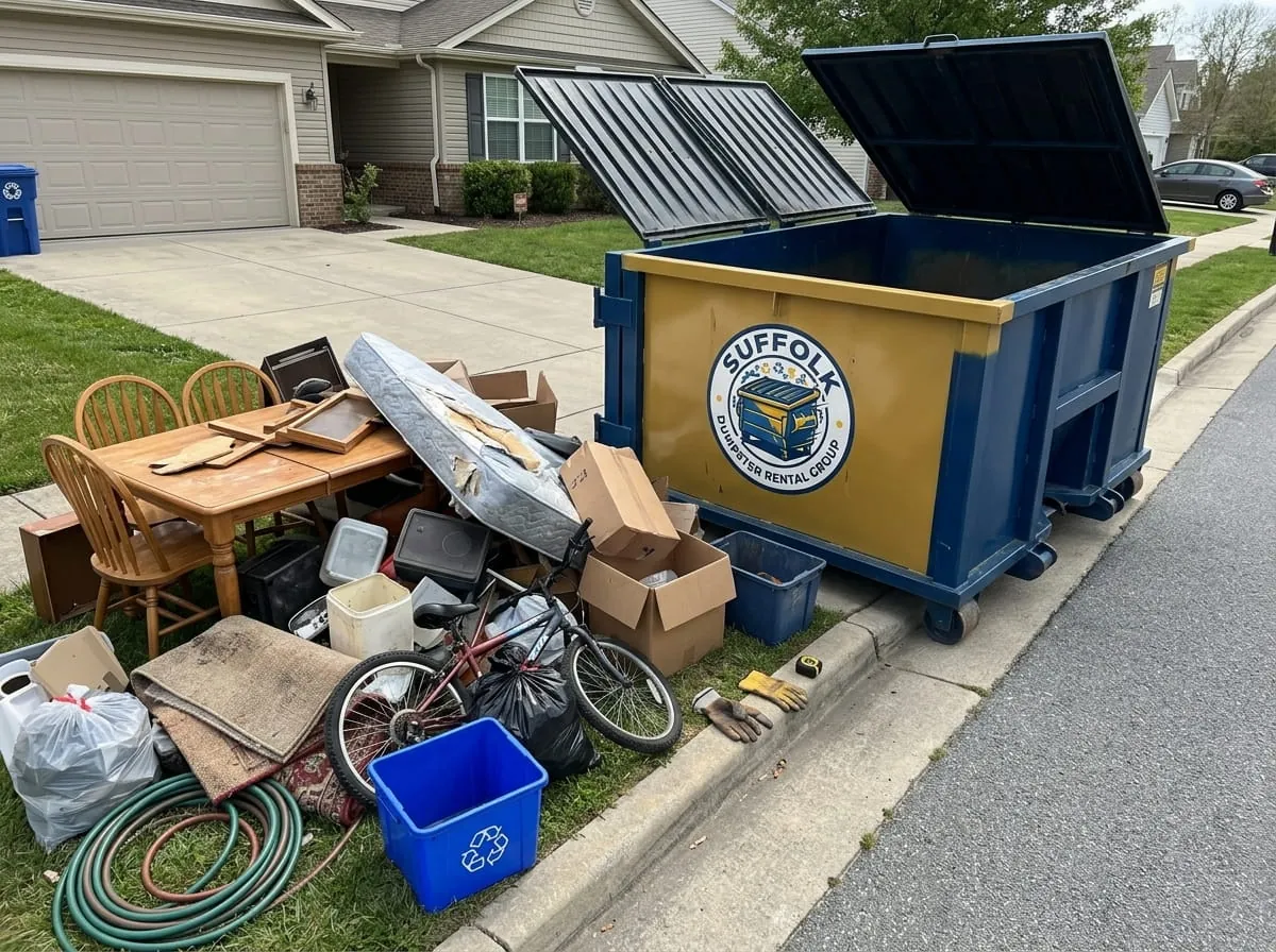 Dumpster rental in Smithfield, VA Roll-off dumpster rental delivered to a Smithfield, VA property by Suffolk Dumpster Rental Group