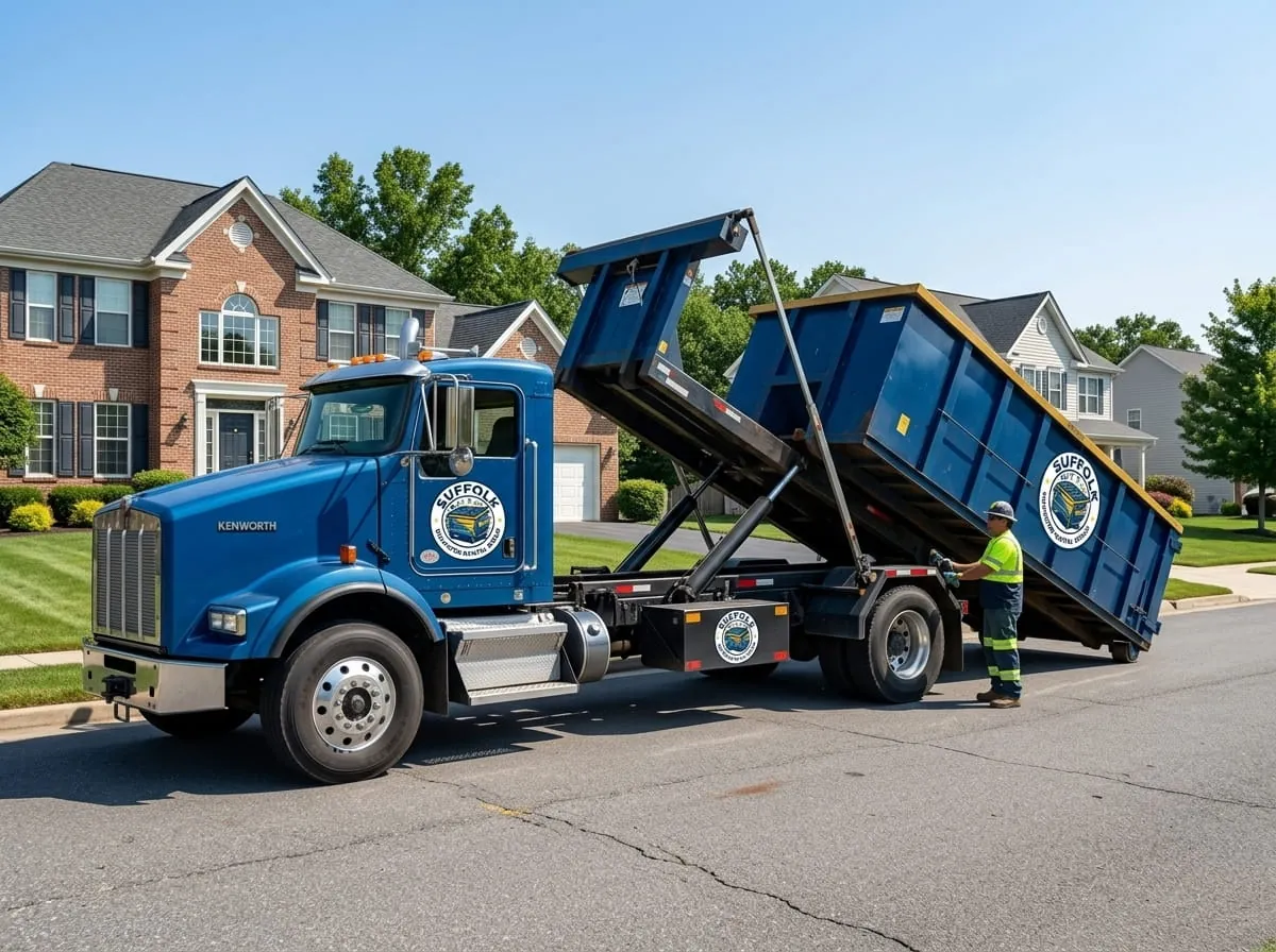 Roll-off dumpster being loaded onto a truck in Suffolk, VA